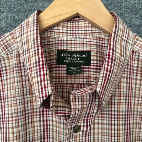 Eddie Bauer Shirt Mens Large Red Tan Plaid Casual Relaxed Wrinkle Resistant - Picture 3 of 10